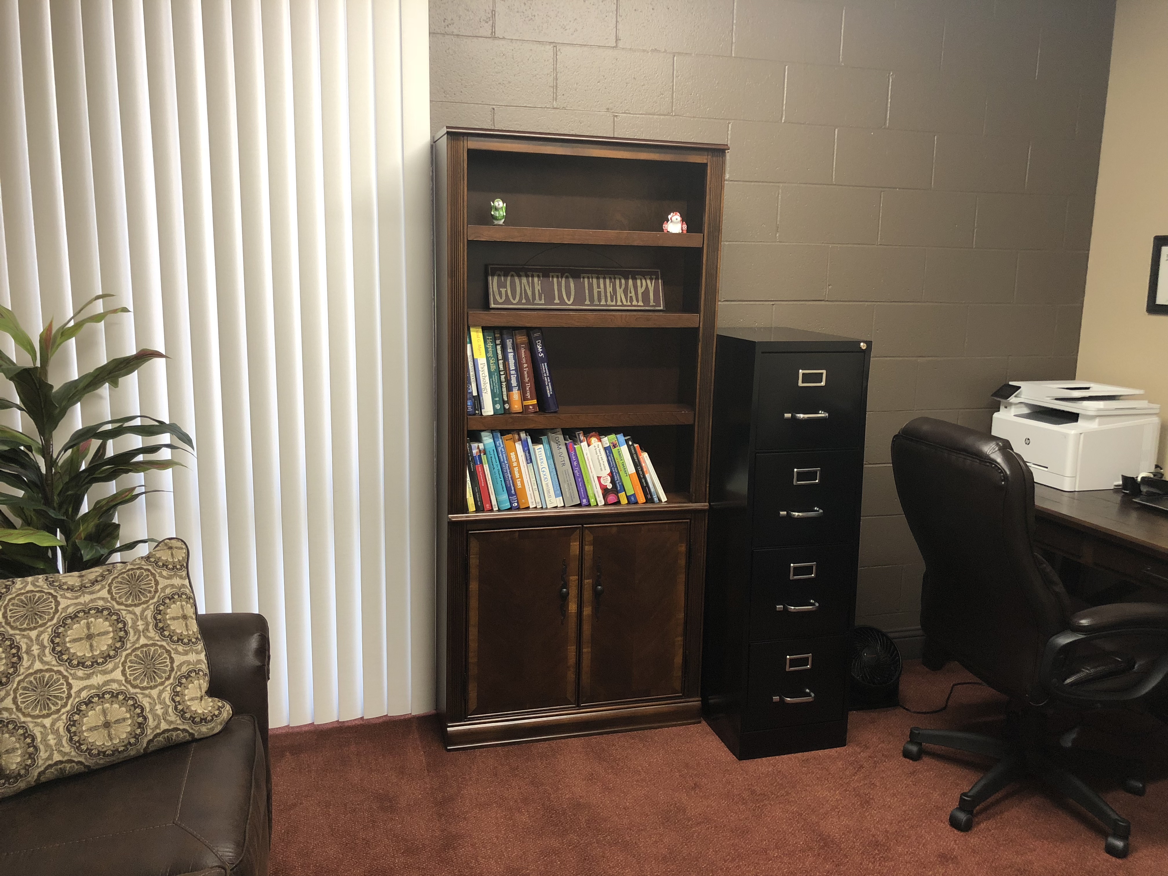 Therapy office bookshelf